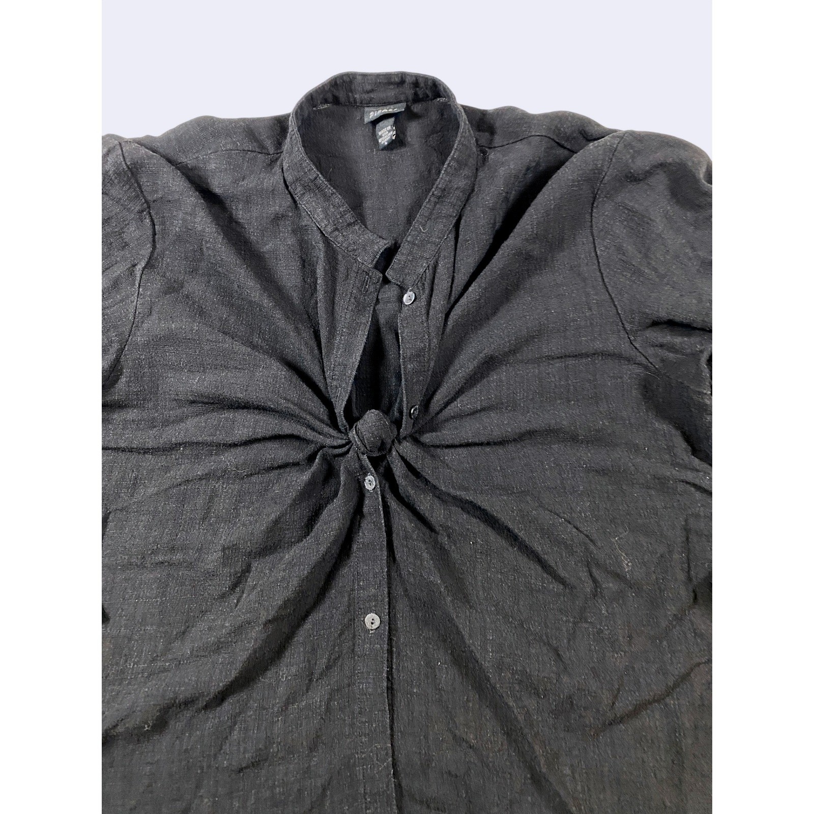 Eileen Fisher Black Linen Blend Twist Front Button Blouse Italian Fabric Large