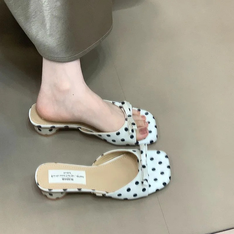 Gladiator Women Polka Dot Slippers Summer Thick Heel Mules Shoes Elegant Butter