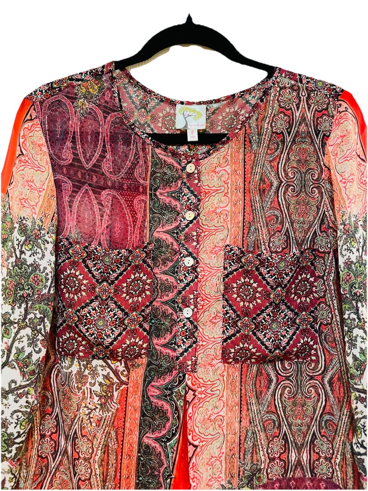 FIG & FLOWER ANTHROPOLOGIE Multicolor Sheer Boho 3/4 Length Tunic Shirt Sz L