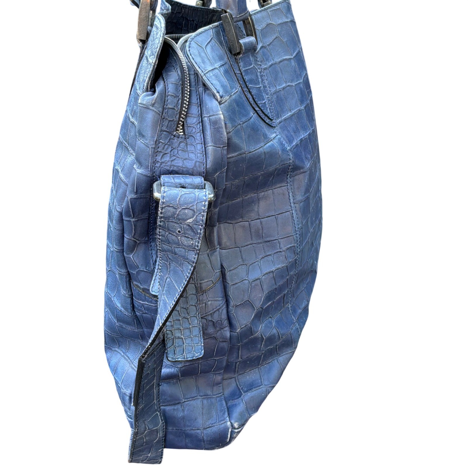 Falor Tote Bag Large Blue Croc Embossed Leather Braided Handles Made in Italy