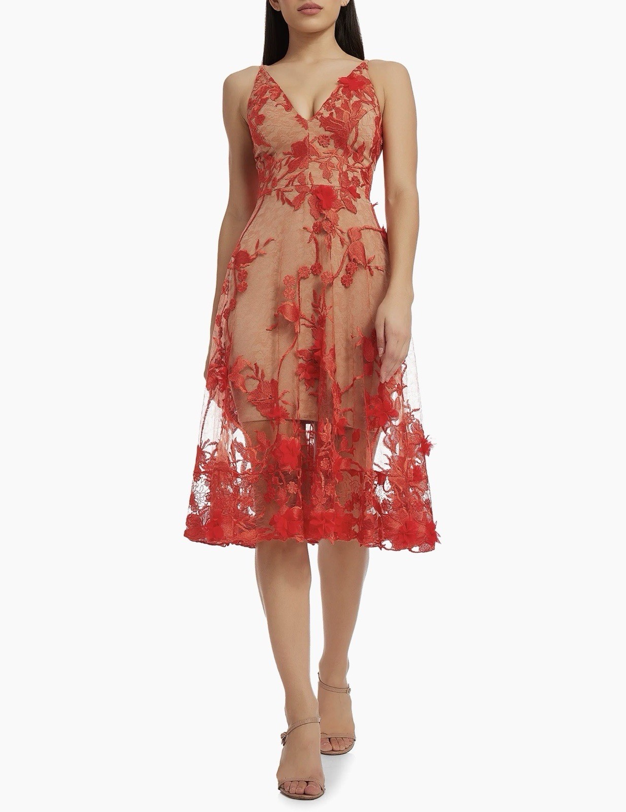 Dress the Population Audrey Red/Beige Floral Embroidered V-Neck Midi Dress S NWT