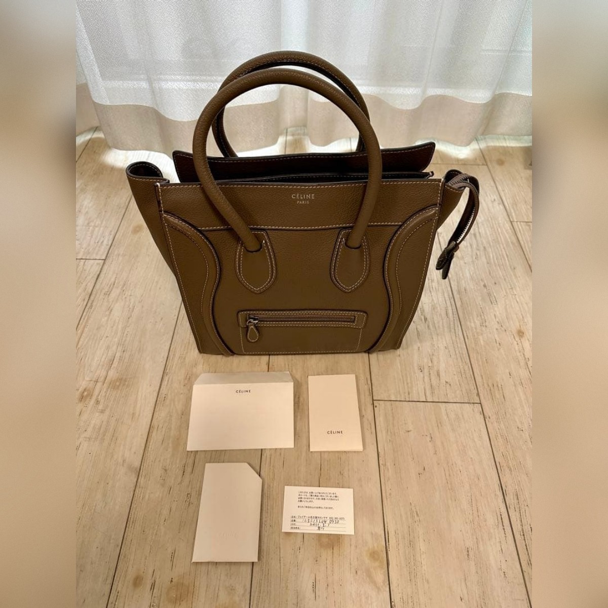 CELINE Nano Luggage Bag Greige Drummed Leather Top Handle Shoulder Tote Bag