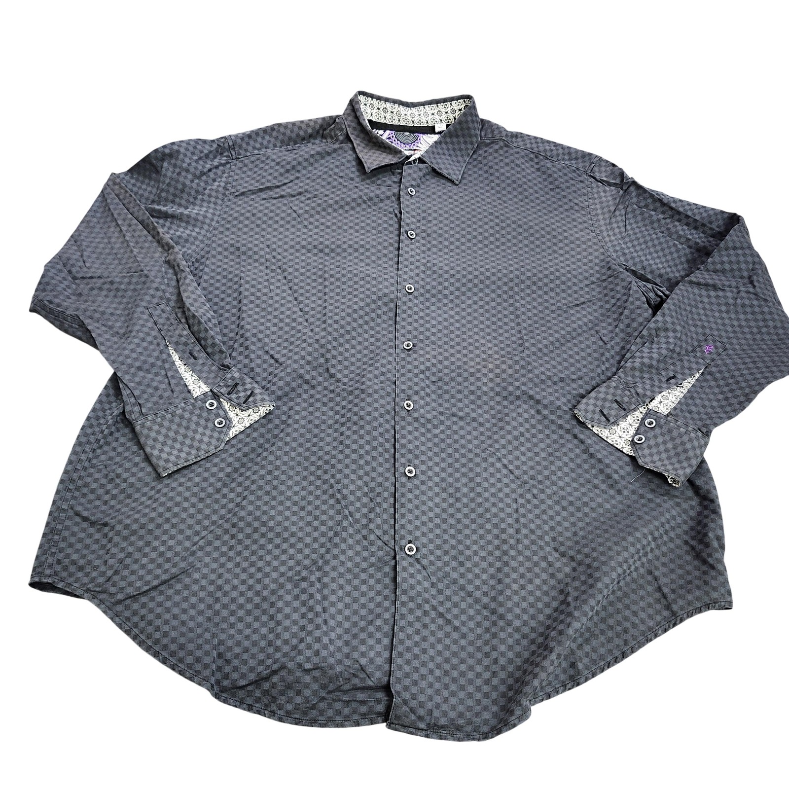 Robert Graham Shirt Mens 2XL Gray Check Long Sleeve Button Embroidered Casual
