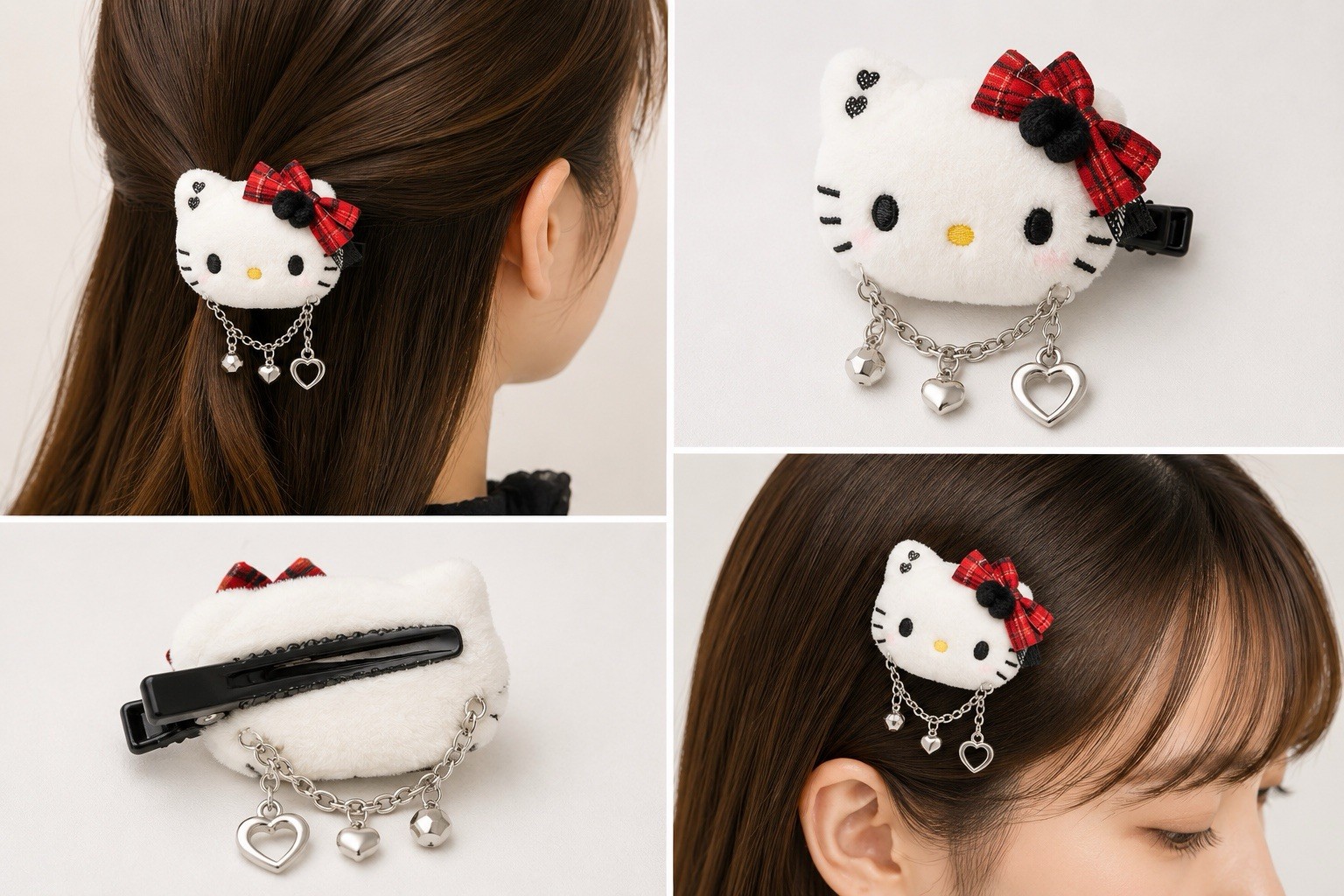 ❤️🖤Hello Kitty Sweet Rock’n Check Face Hair Clip Plush Chain Sanrio Japan🖤❤️