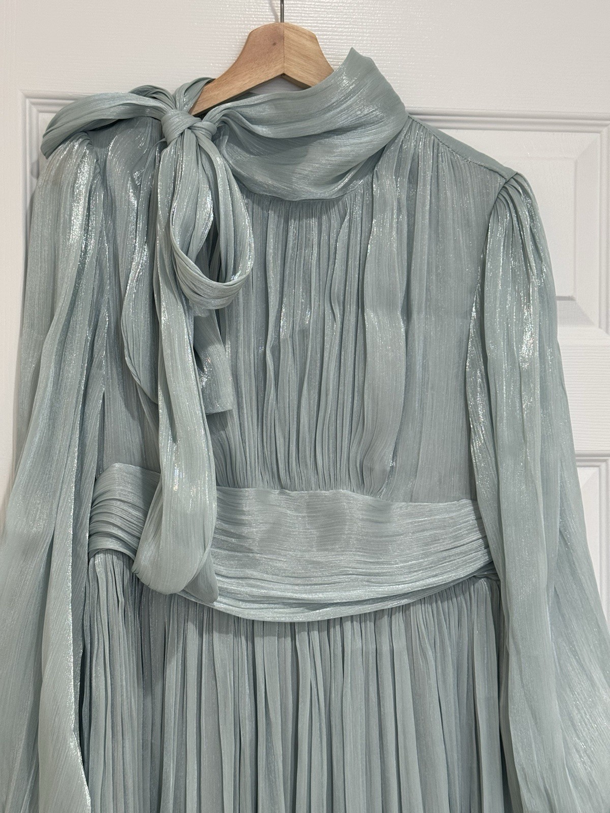 ANEWSTA Sage Green Shimmer Pleated Midi Dress Bow Neck Long Sleeve L