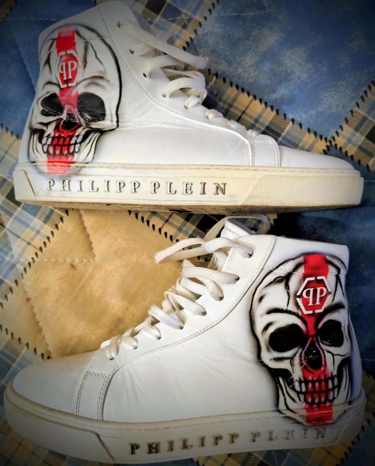 Philipp Plein Men’s White Leather Skull High Top Sneakers Size EU 41 US 8 Italy