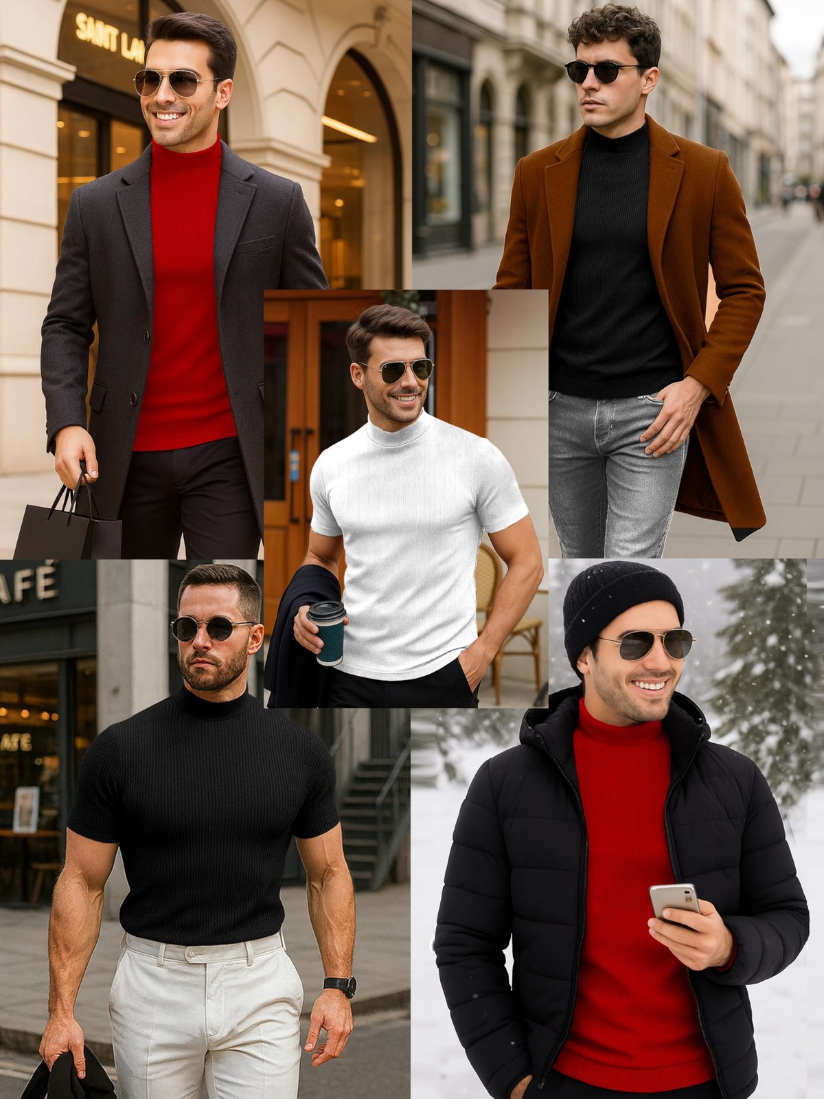 Men Mock Turtle Neck Shirt Slim Fit Short Sleeve Casual Ribbed Monak Turtleneck