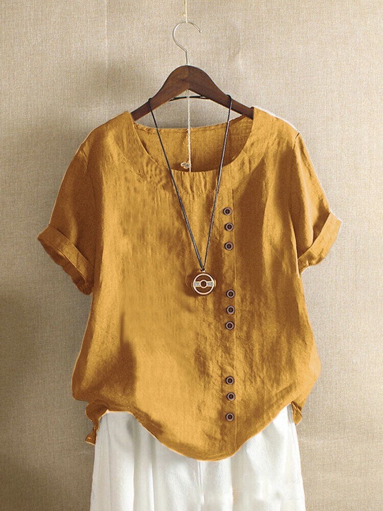 Summer Womens Cotton Linen Tunic Blouse Tops Short Sleeve Shirt Casual