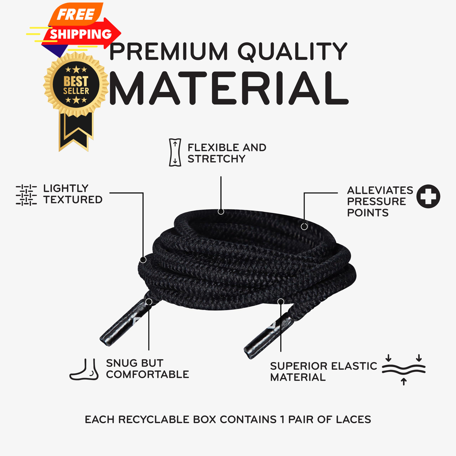 THE ORIGINAL STRETCHLACE Round Elastic Shoelaces – 40″ Inches (101 cm), Black