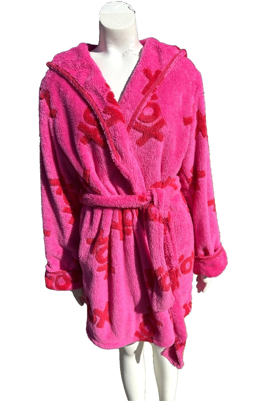 Betsey Johnson Pink Robe Hoodie Short Tie Waist Red XO Hugs Kisses Plush Size M