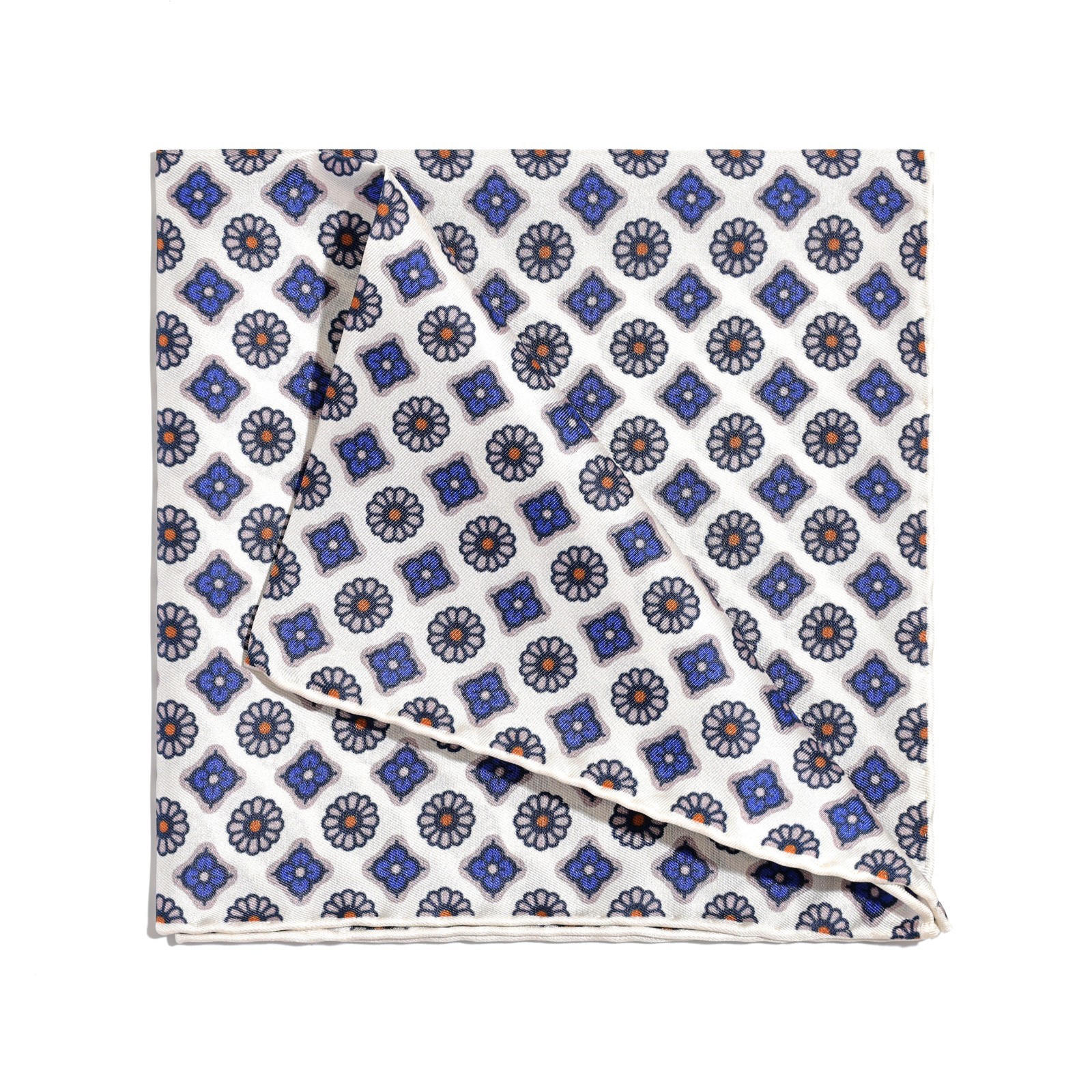 Men’s 100% Silk White Blue Micro Floral Pocket Square Hand Rolled Wedding 11.8″