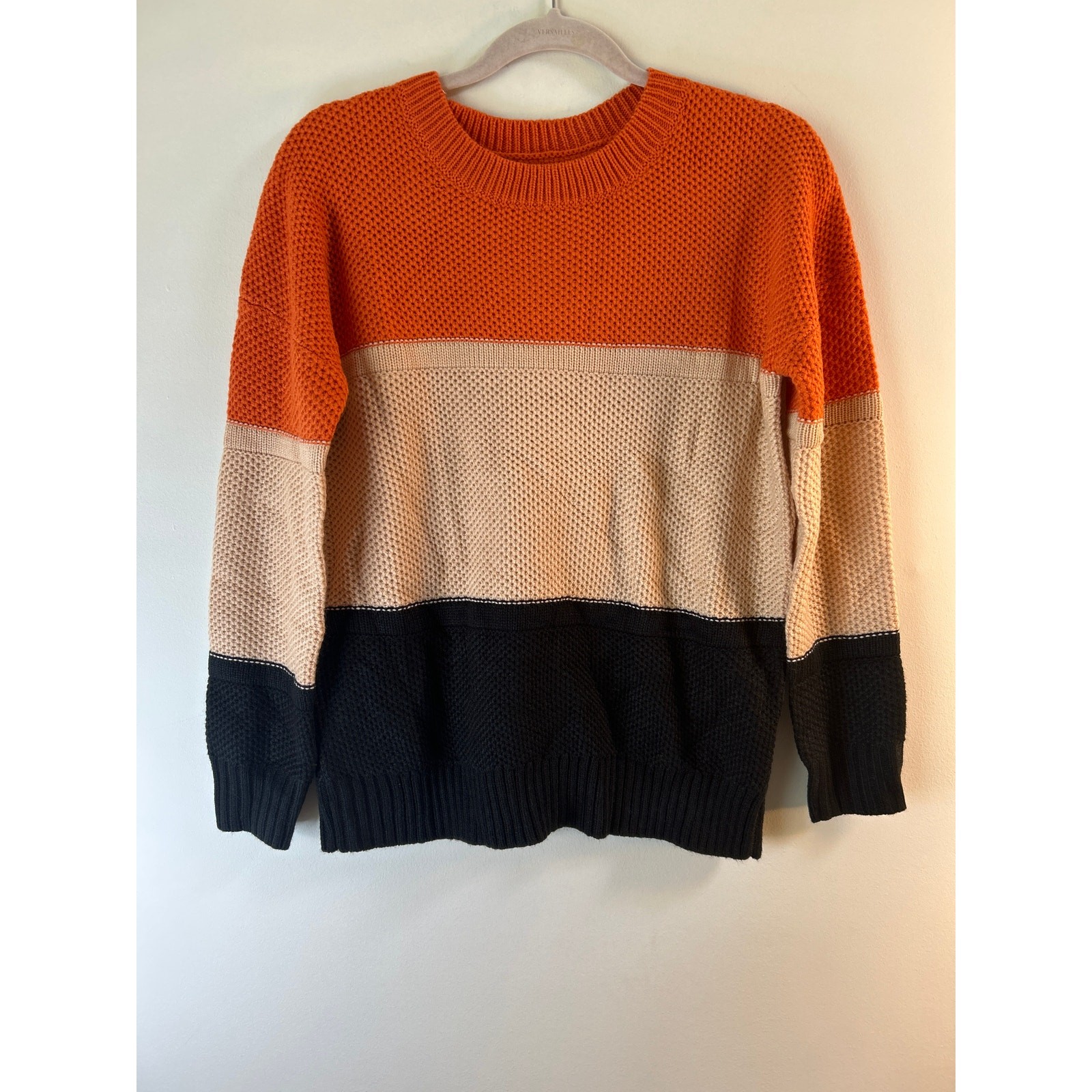 Women’s Small Colorblock Sweater Orange Tan Black Chunky Knit Crewneck Fall