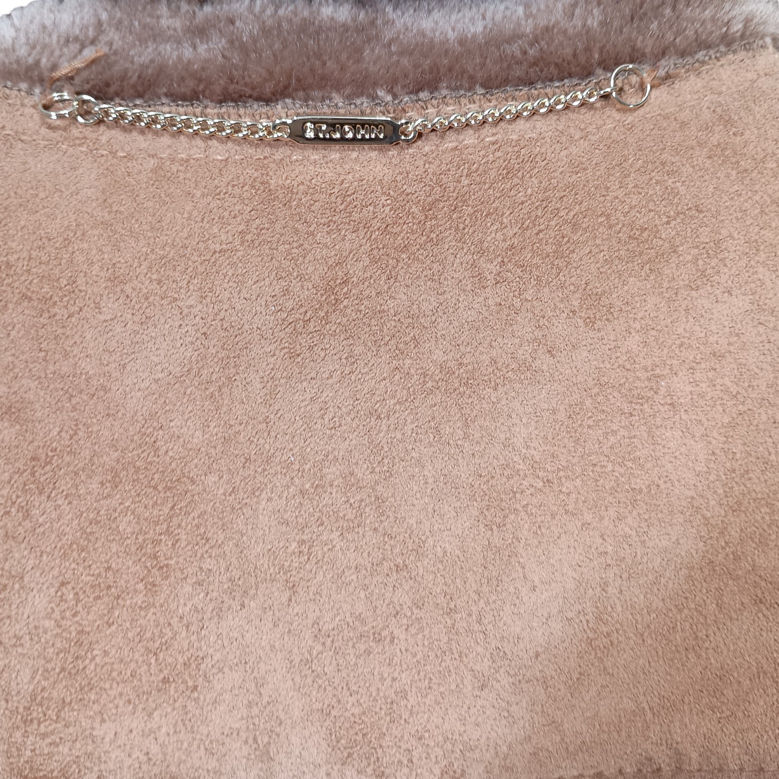 St. John Marie Gray Coat S Womens Brown Overcoat Faux Suede Pockets Shearling