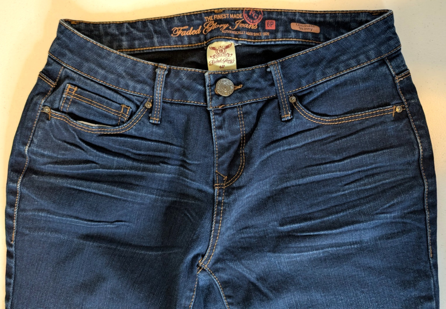 Faded Glory Dark Blue Jeans Tapered Leg Women’s Size 6 Petite 5 Pocket Design