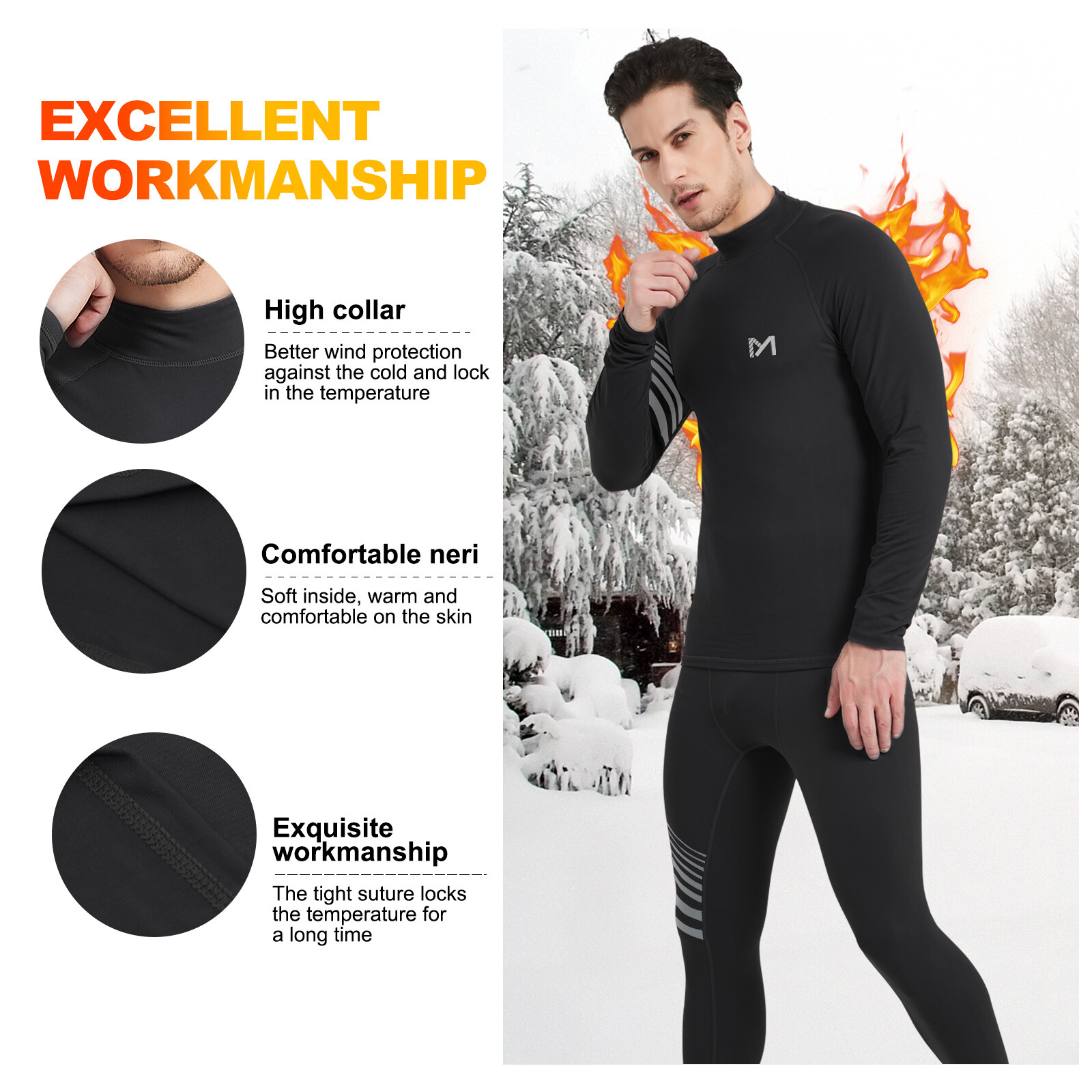 Mens Fleece Lined Thermal Long Johns Top Bottom Underwear Set Winter Turtleneck