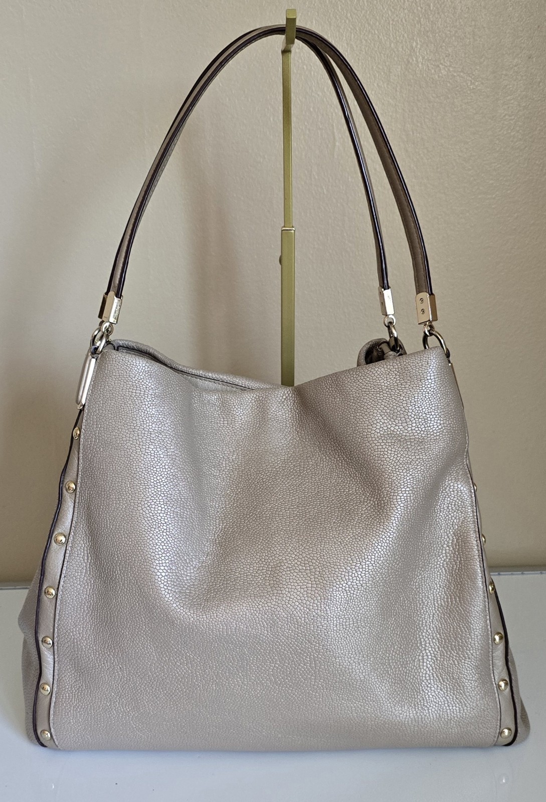 Coach Phoebe Champagne Metallic Pebbled Leather Hobo Shoulder Bag Studded