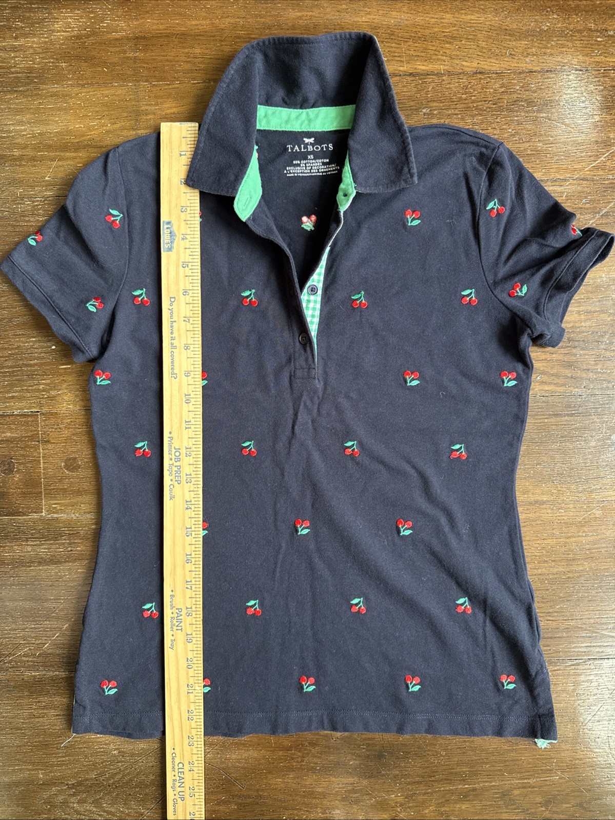 Talbots Navy Polo W/embroidered Cherries, Green Gingham Collar Accent, XS