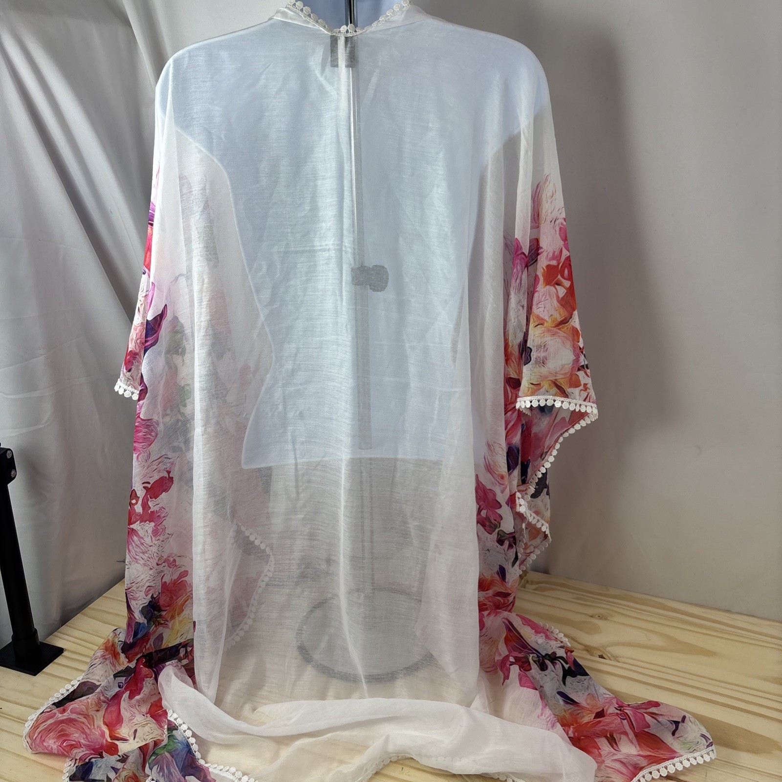Womens Sheer Floral Kimono Cover Up White Watercolor Open Front Beach Swim OS