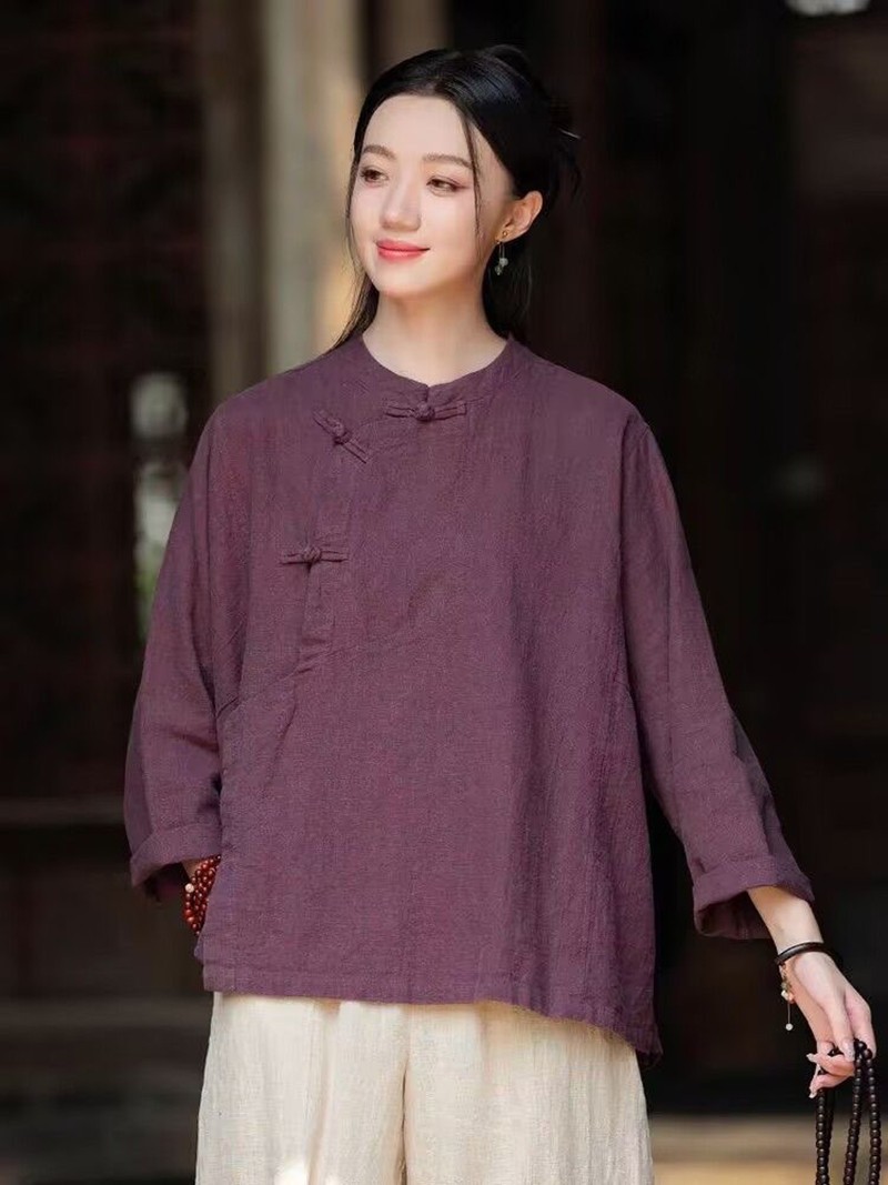 Chinese Style Womens Cotton Linen Retro Long Sleeve Loose Shirts Blouse Tops