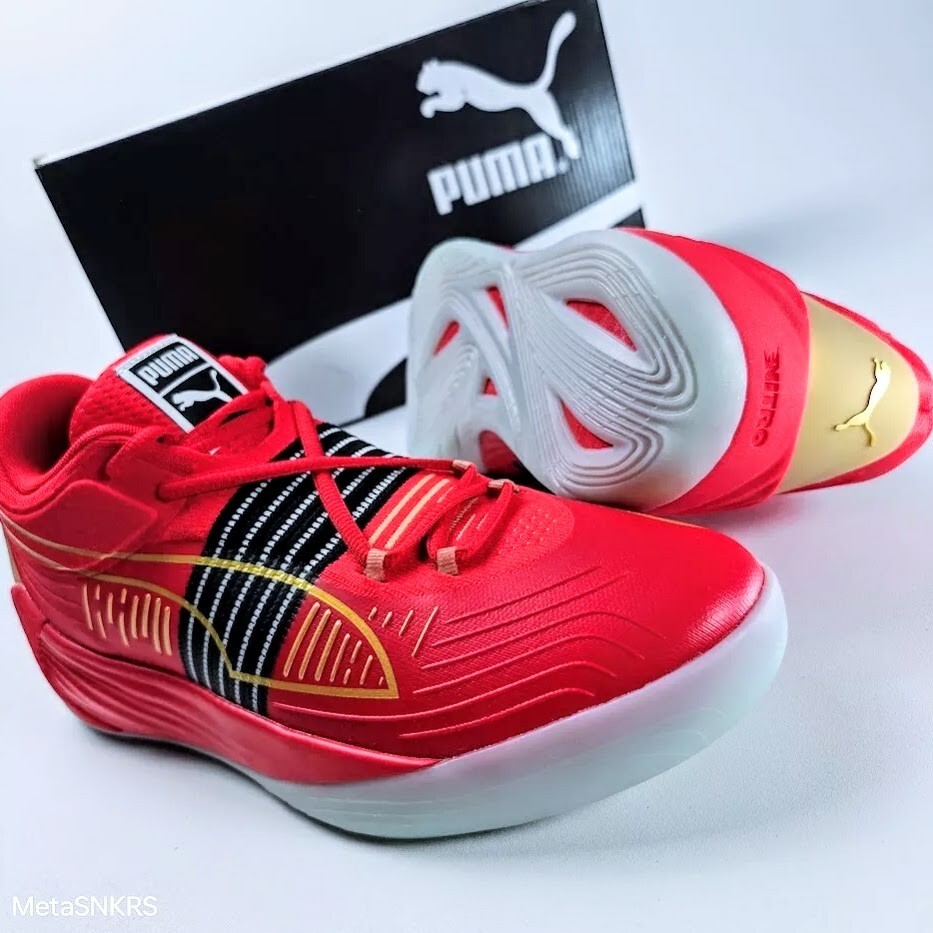 Puma US 11.5 Men’s Red Black Gold Basketball Light Fusion Nitro 195587 04 NIB