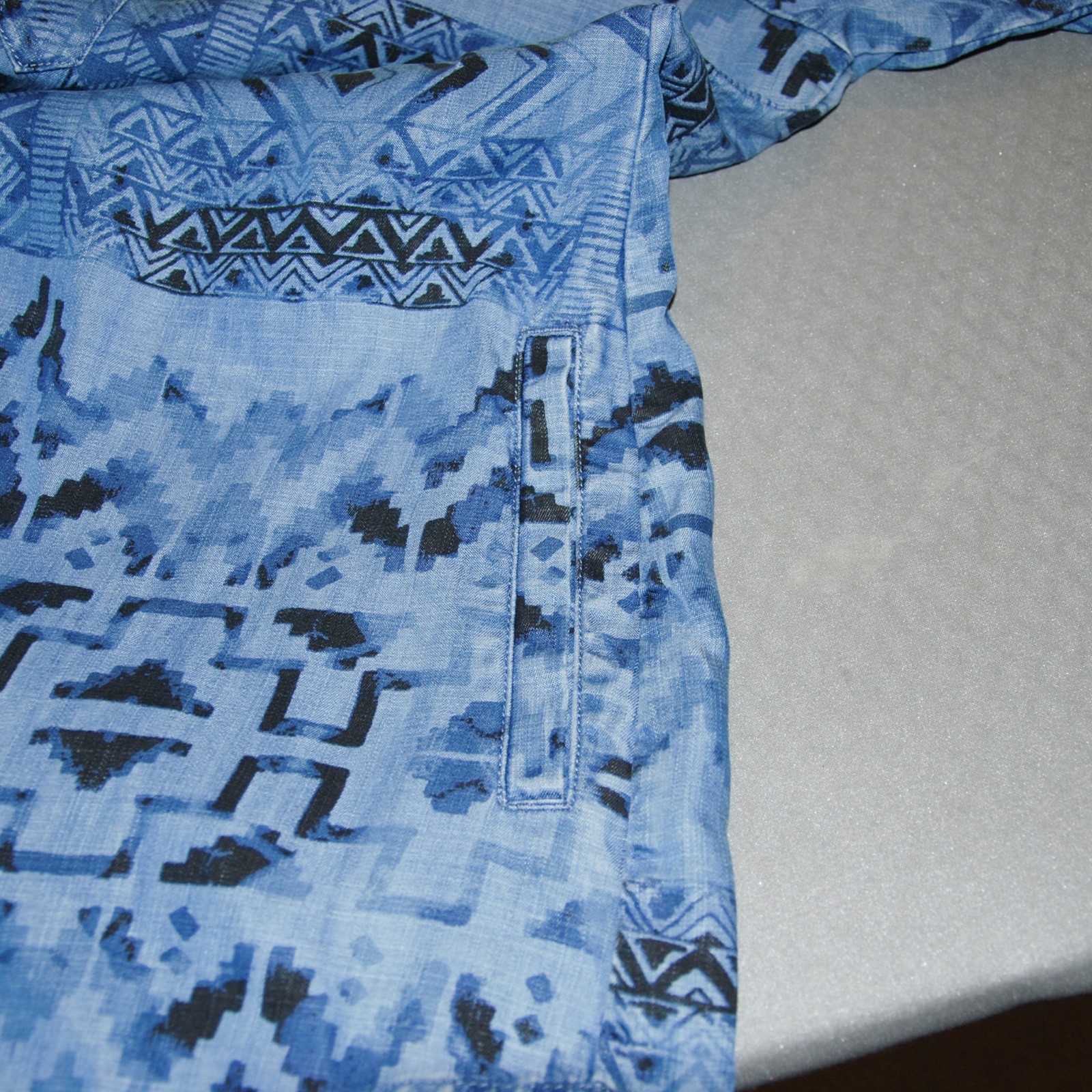 Soft Surroundings Small Fit Blue Aztec Southwestern Tunic Top Roll Tab Sleeve
