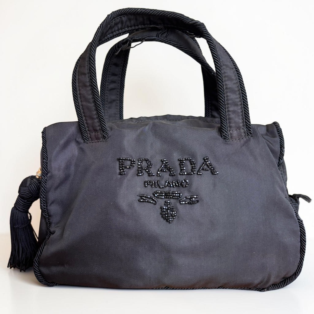PRADA Handbag Black Tassel Logo Vintage Nylon