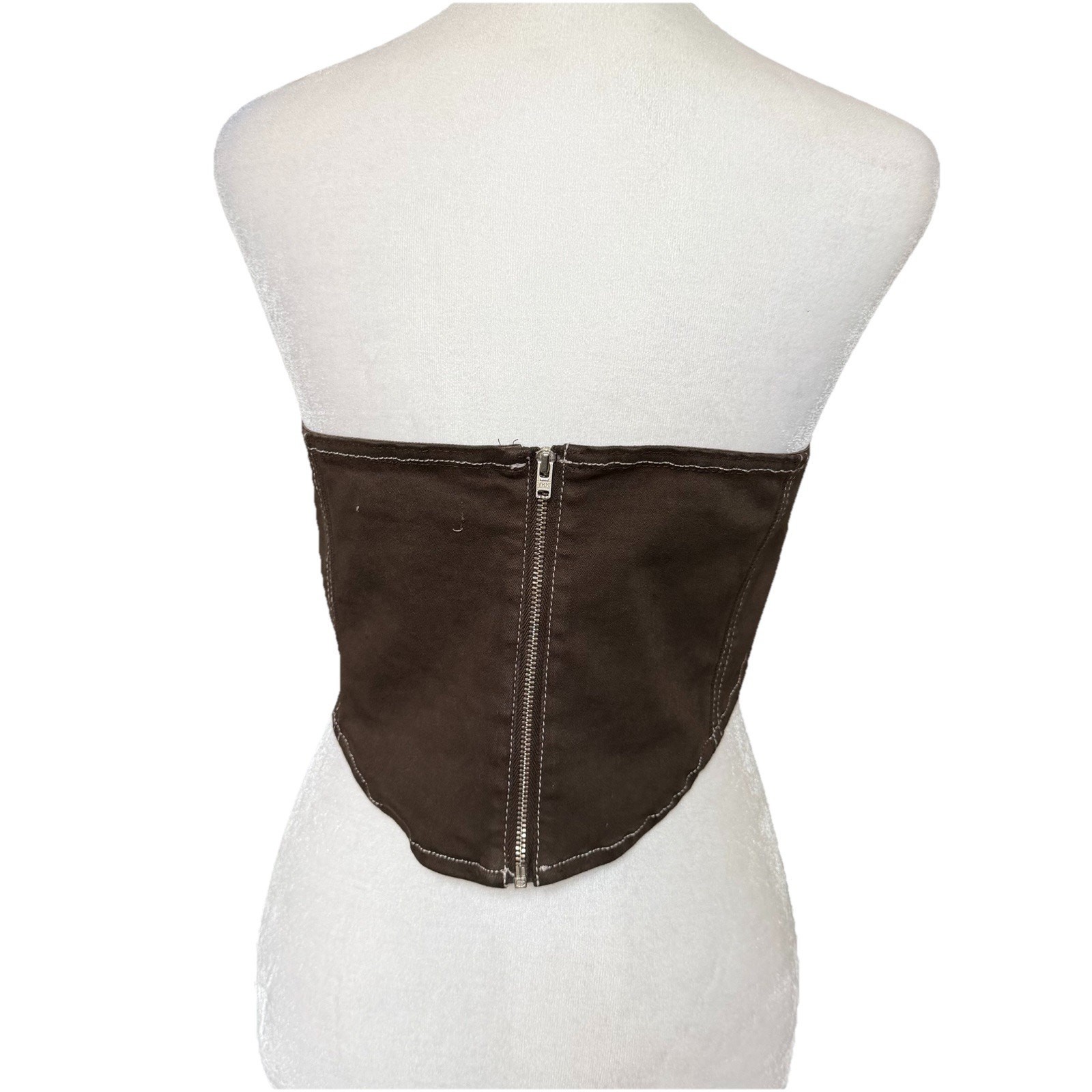 NA-KD Womens Size 38 Contrast Seam Corset Denim Top Dark Brown Cropped Blouse