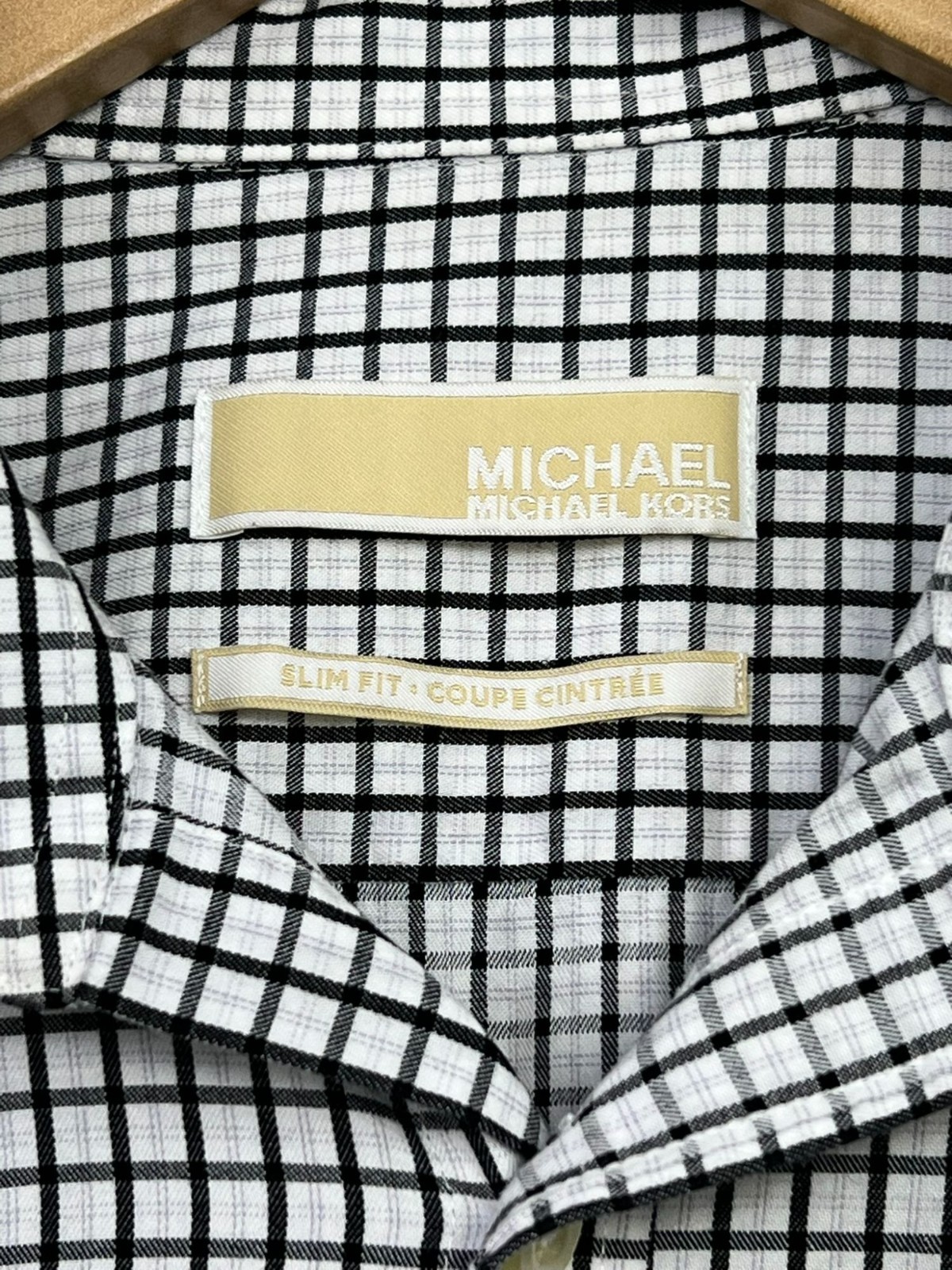 Michael Kors Mens Slim Fit Button-Up Shirt Long Sleeve M 15.5 White Black Check