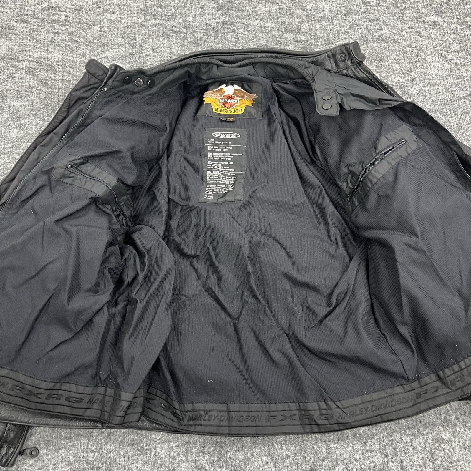 Harley Davidson FXRG Jacket Mens Large Black Leather Liner Armor Biker