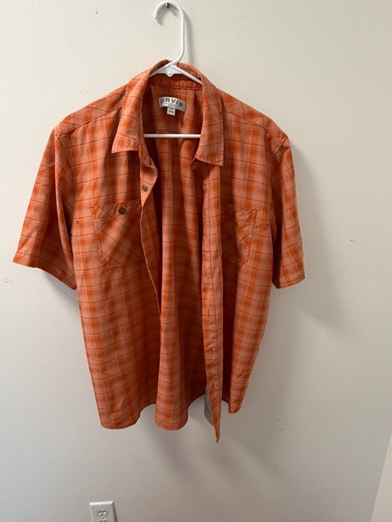 Orvis Classic Collection Mens L Button Down Shirt Orange Plaid 1494392 Used