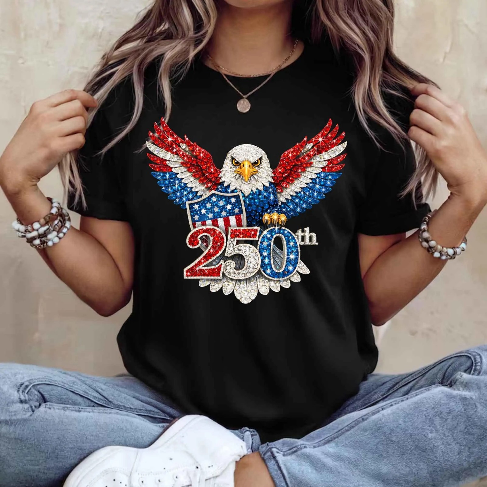 America 250th Anniversary Eagle Wings Shirt USA 250 Years Rhinestone Tee T-Shirt
