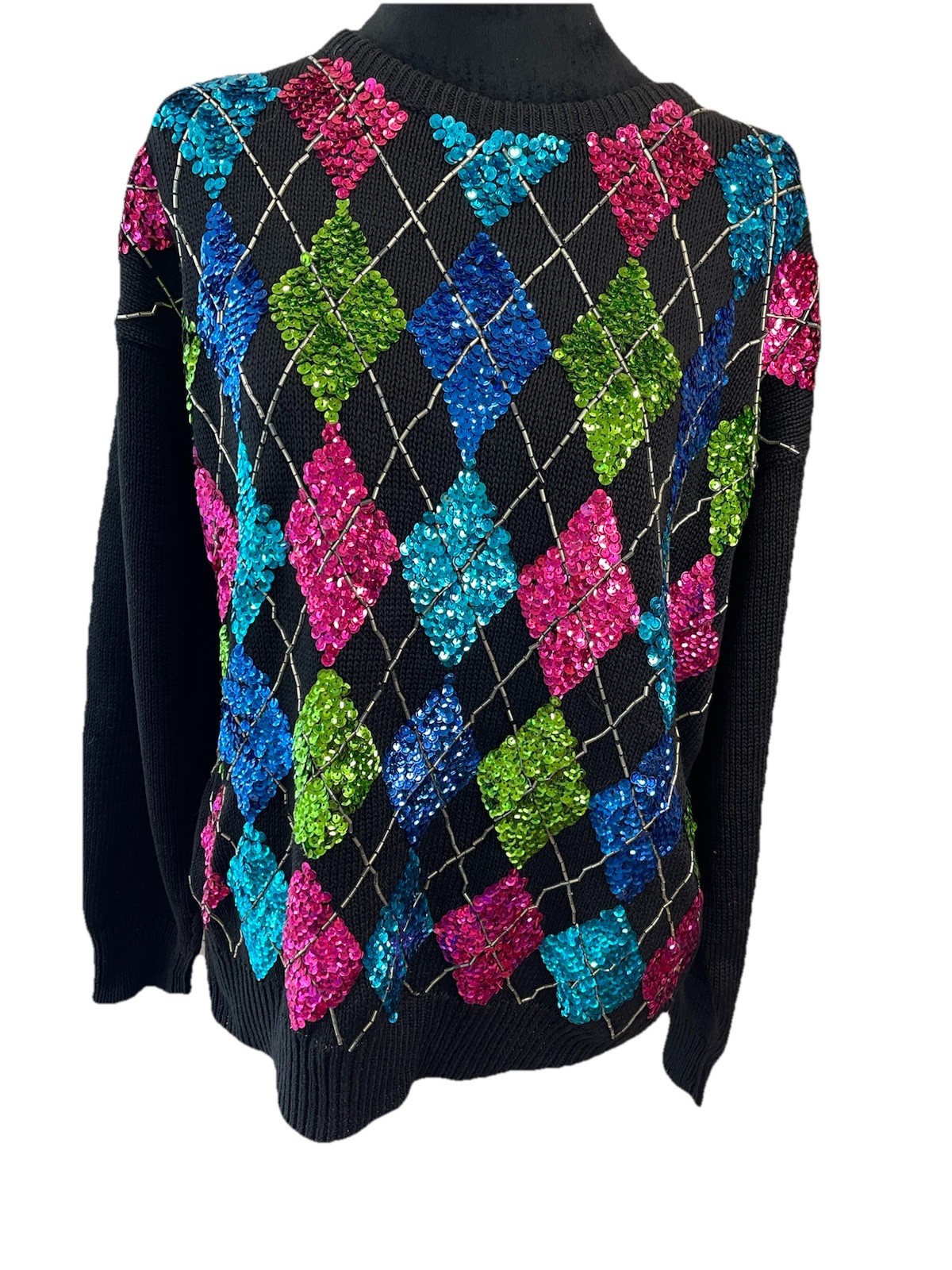 Eminent 1980s Colorful Argyle Sequined Ladies Sweater Size Medium Cotton Blend