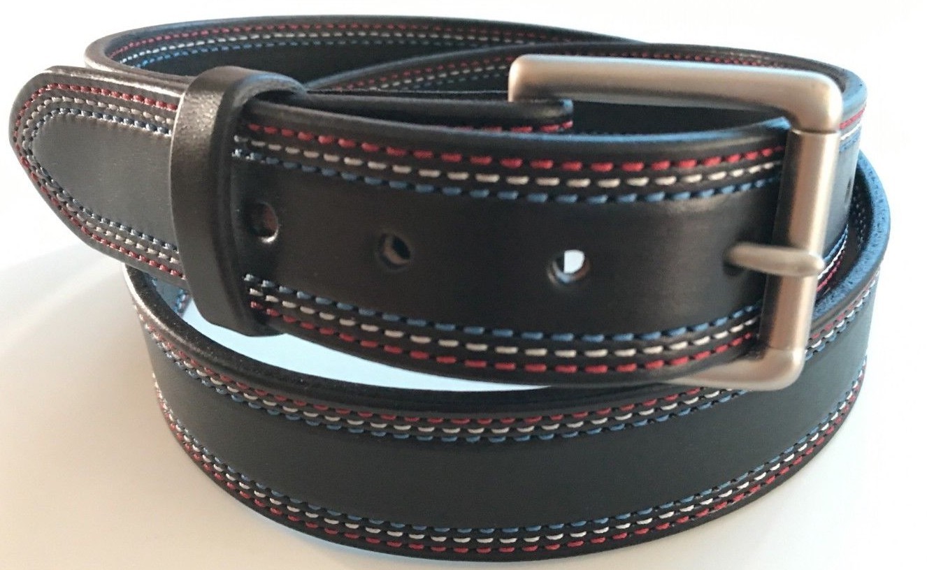 AMISH MADE WICKETT & CRAIG 1.5″ HEAVY REAL LEATHER WORK GUN RED,WHITE,BLUE BELT