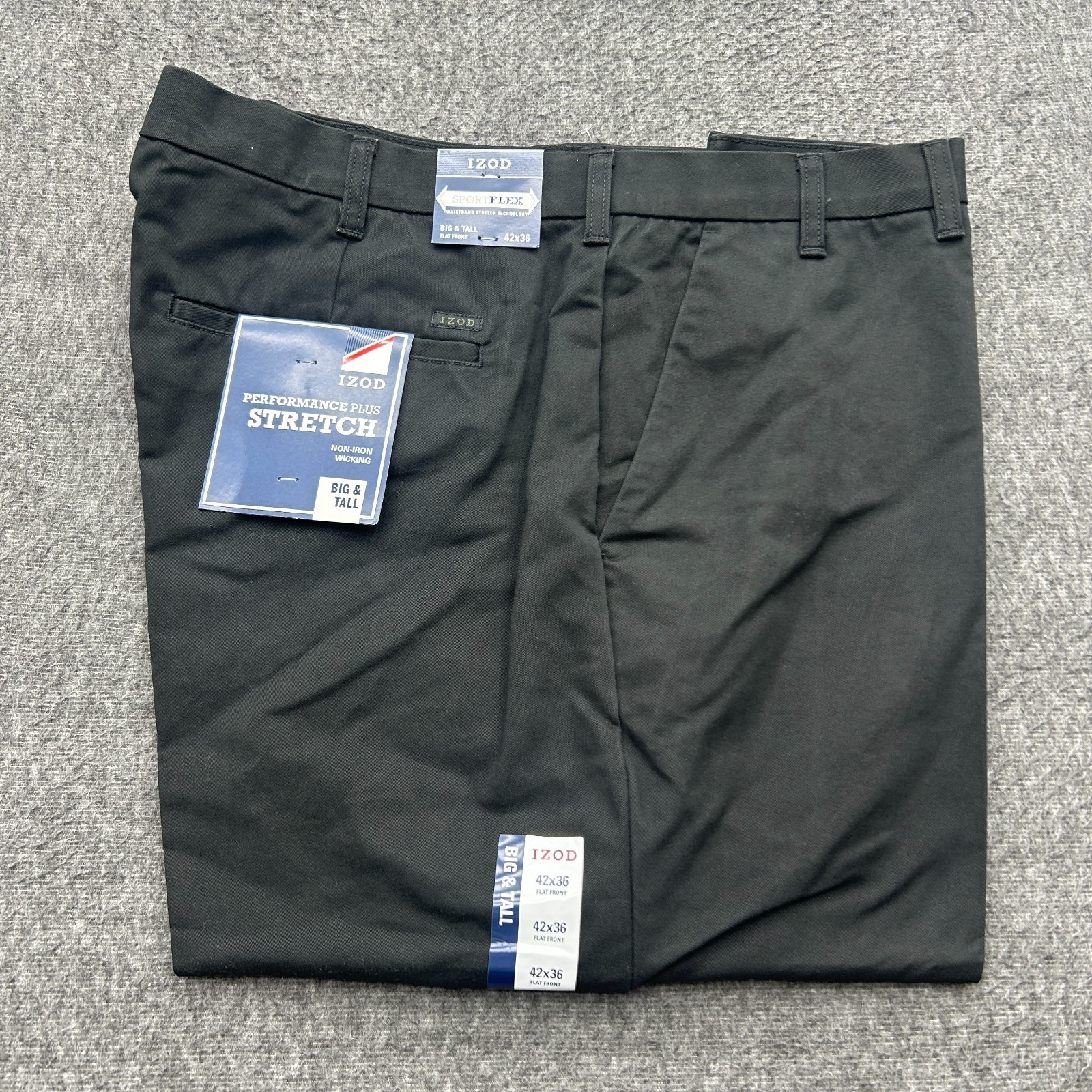 Izod Sportflex Black Performance Plus Stretch Pants Size 42×36 Big & Tall Flat