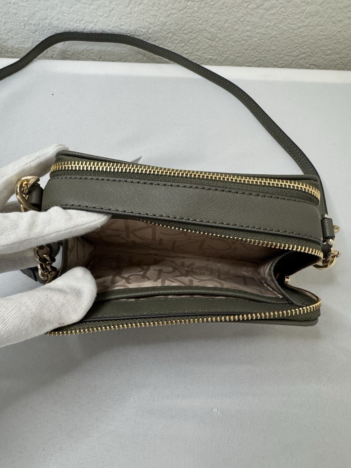 Calvin Klein Marybelle Signature Double Zip Organizational Crossbody bag Khaki