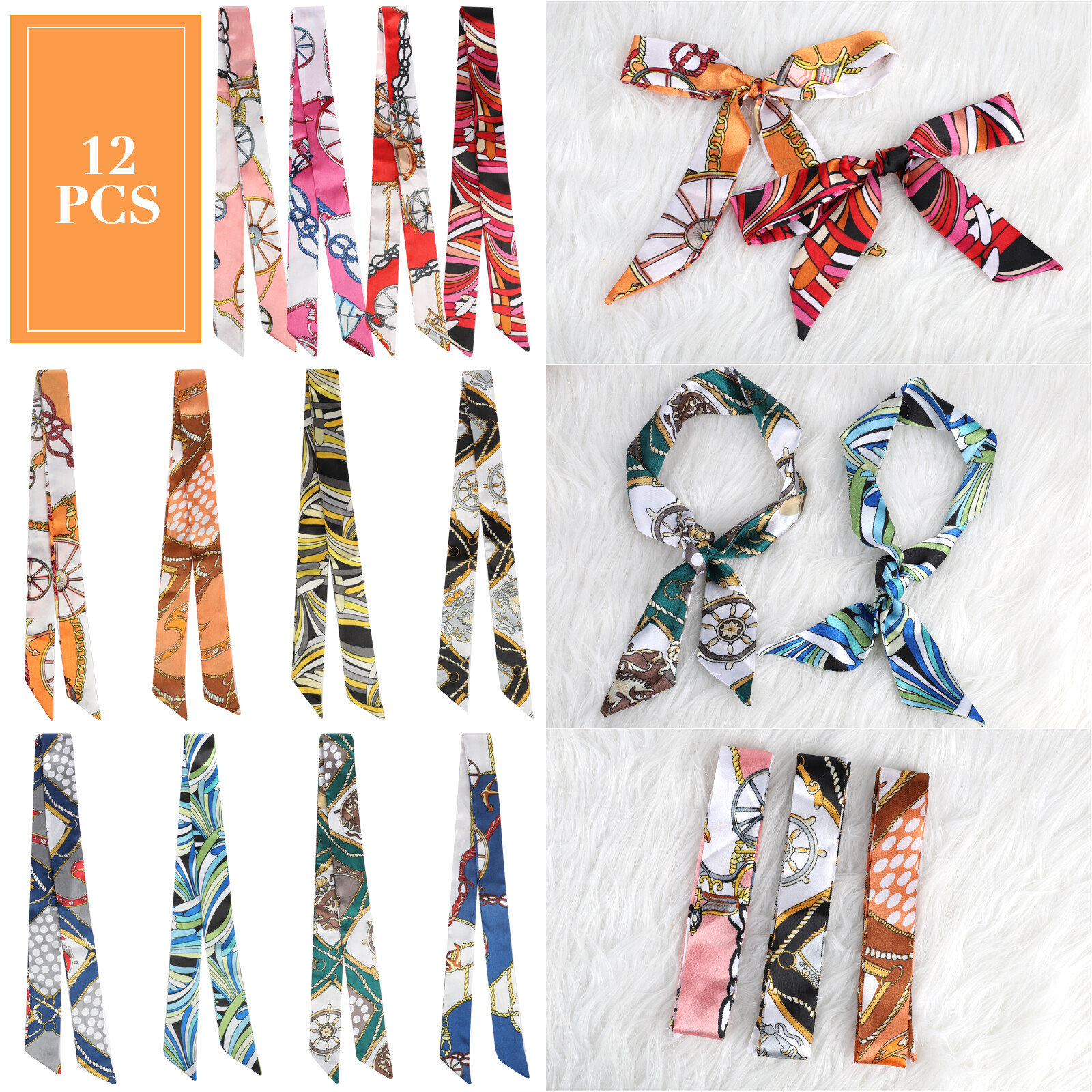 12x Ladies Satin Silk Scarf Print Wrap Neck Tie Wrist Hair Band 35″ Long Ribbon