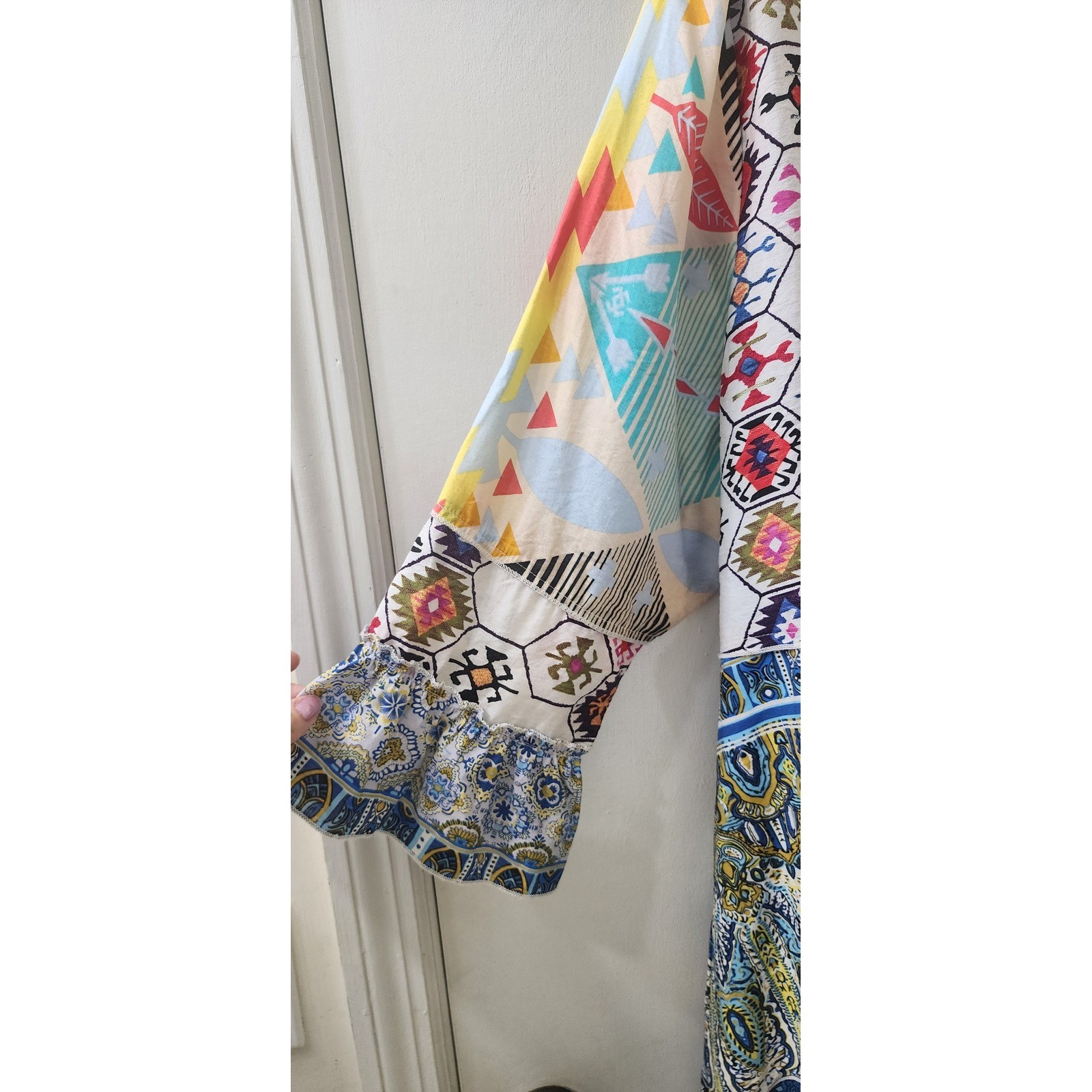 Calesa Mixed Print Patchwork Ruffle Tunic Top Multi-Color Boho Asymmetrical L