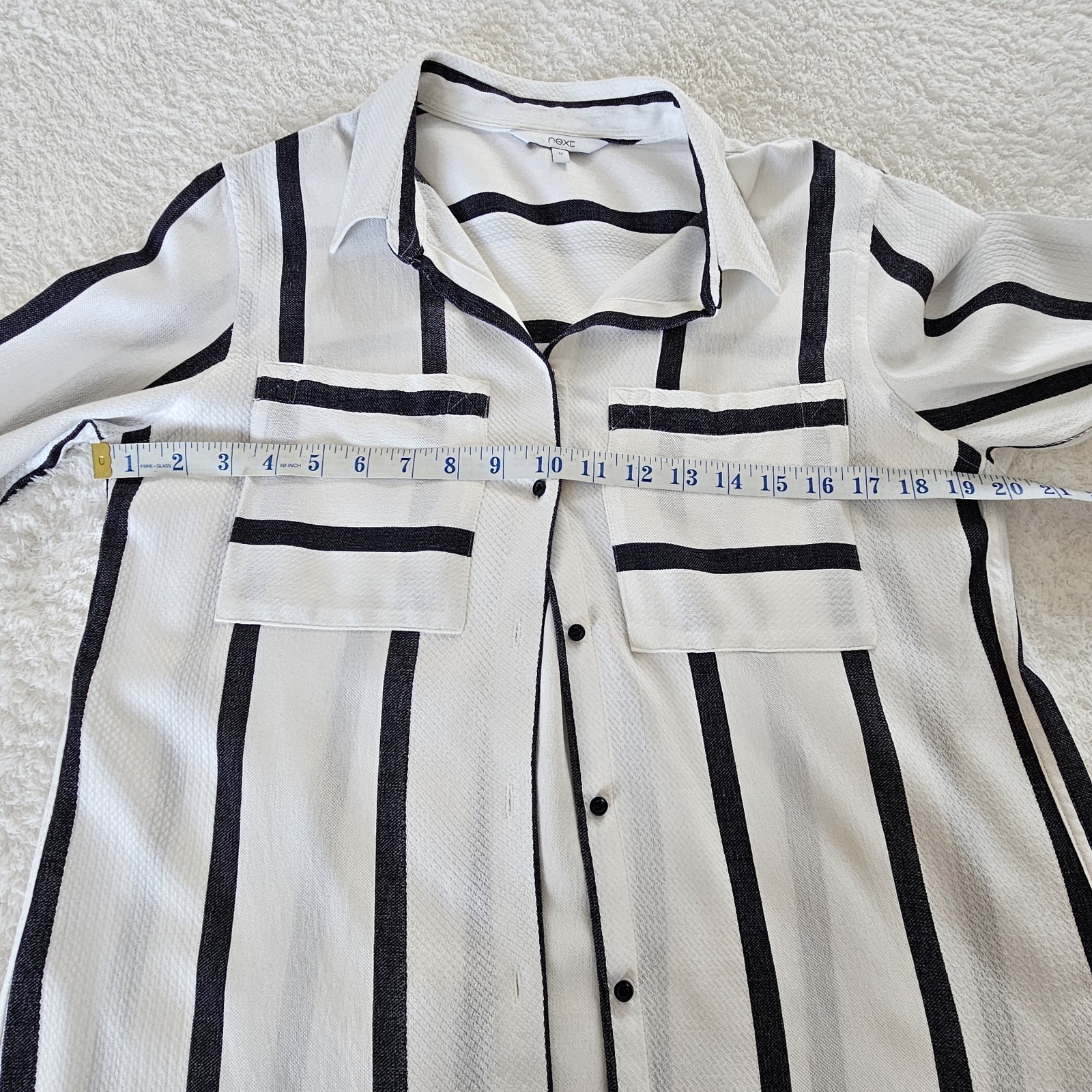 Next Size 12 – Black & White Stripe Shirt – Long Sleeved – Viscose & Cotton VGC
