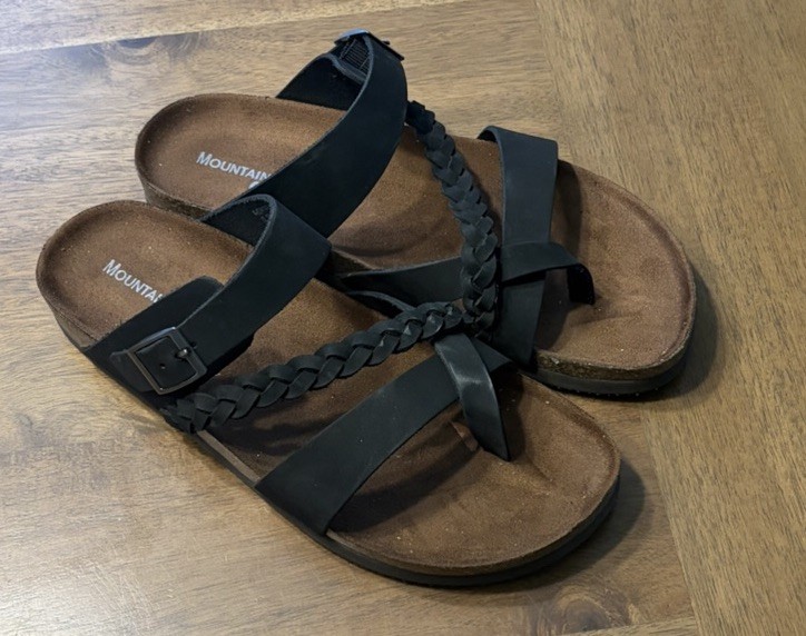 Mountain Sole Womens Size 10 Black Leather Braided Footbed Sandals