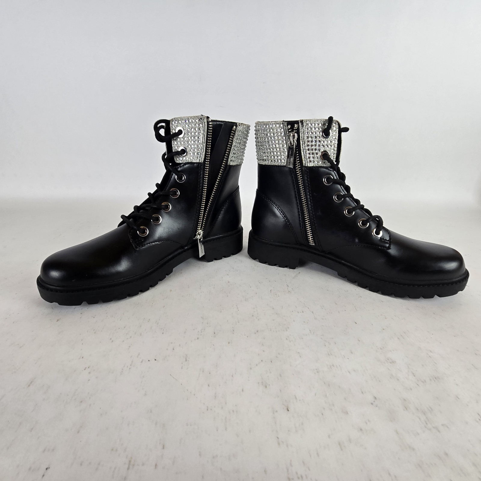 MK Michael Kors Alistair Glitter Combat Boot Black Bling 6M Zipper and Lace Up