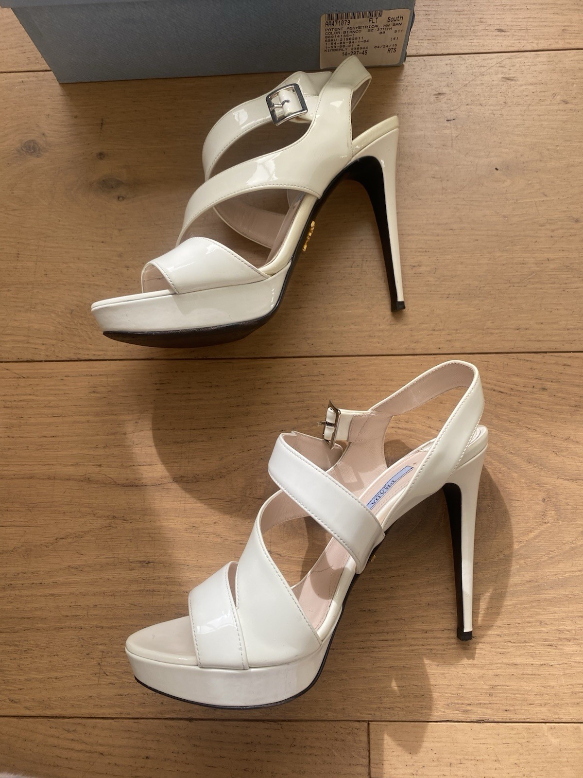 PRADA Leather Stiletto Strappy Sandals Heels 12cm in Bianco/cream 37.5 Aus 6.5