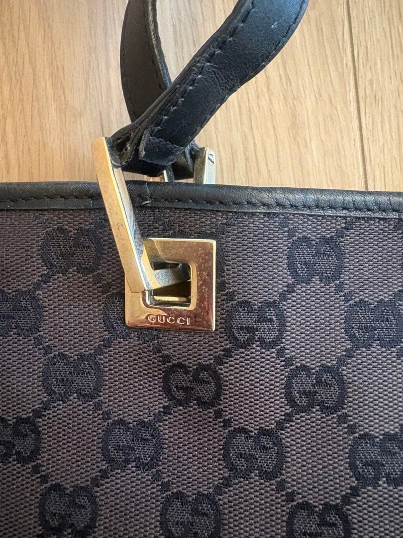 GUCCI GG Tote Hand Bag Leather Canvas Dark Brown Black Gold Hardware From Japan
