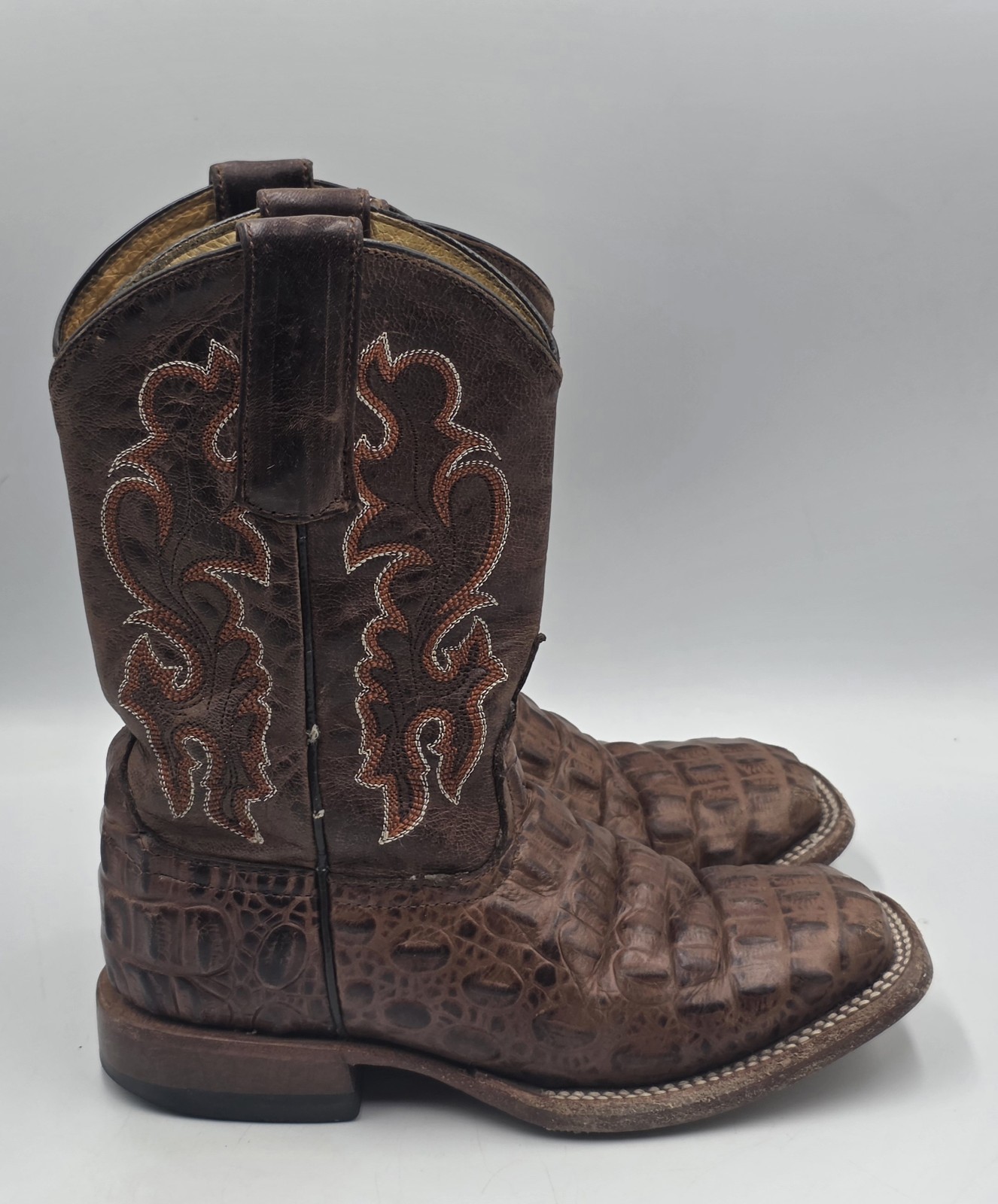 Horse Power HPK1070 Kids Cowboy Boots Sz 12 Brown Nile Print Square Toe Leather