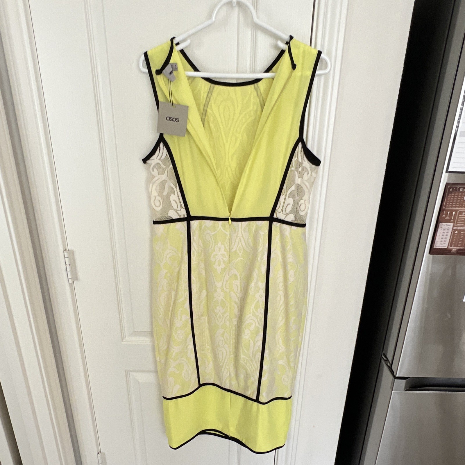 NWT ASOS Dress 12 / 16 Yellow Lace Pencil Bodycon Black Trim Sleeveless Party US