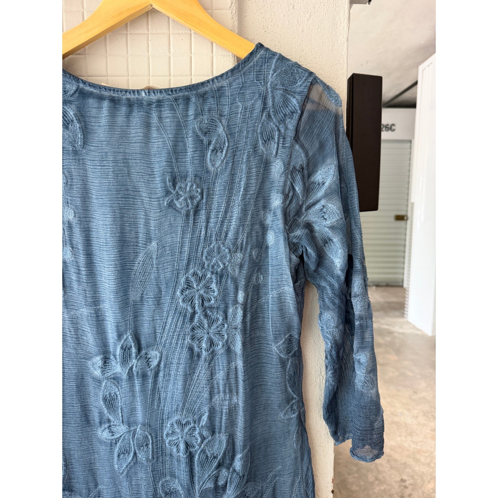 Soft Surroundings Blue Silk Floral Embroidered 3/4 Sleeve Lined Dress XS 2EY63
