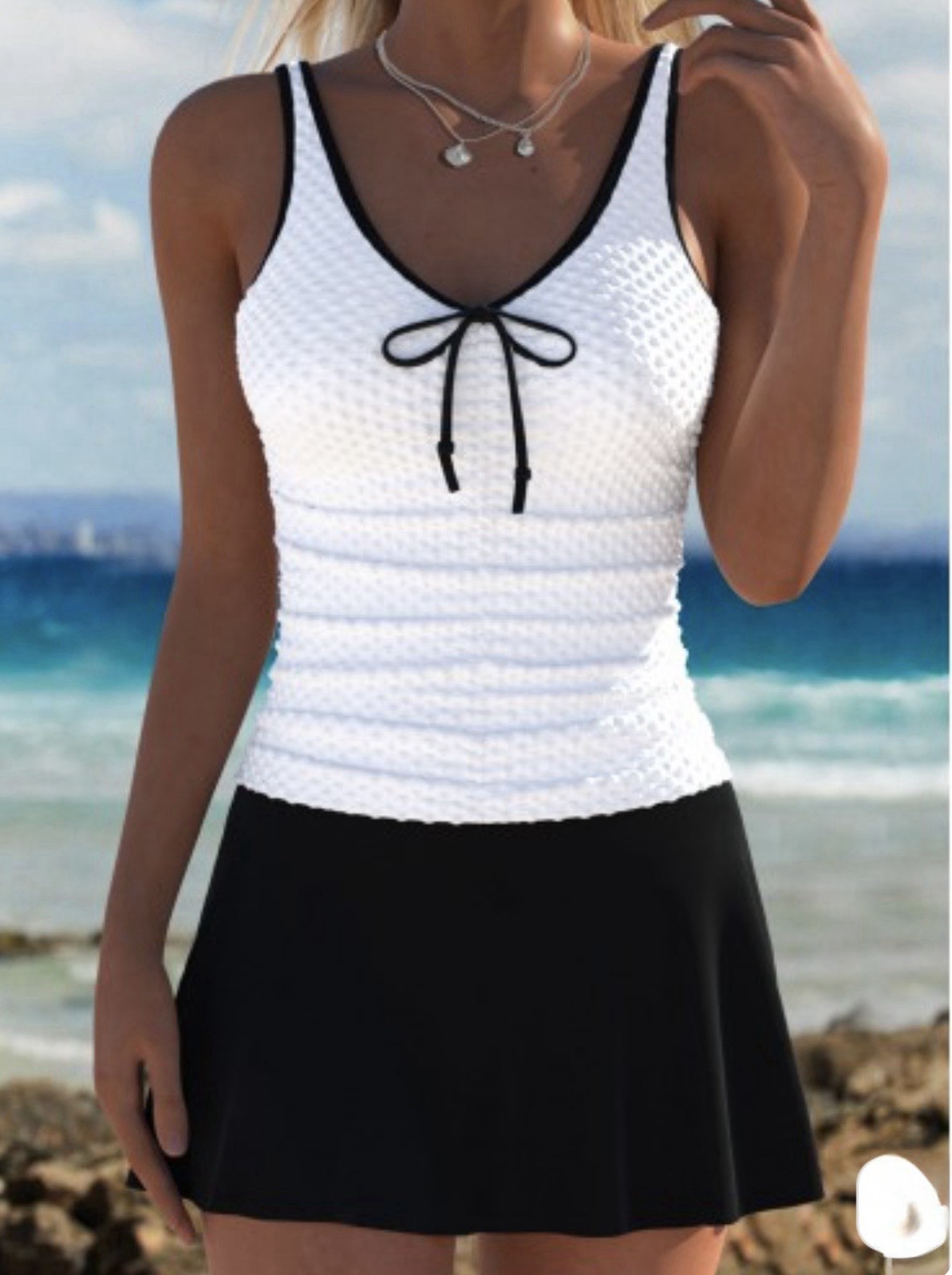 MODLILY Mid Waist White & Black V Neck Tankini Set, Womens Large NWOTS!!