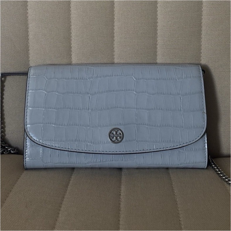 Blue Croc Embossed Flap Crossbody Bag Snap Closure Silver Hardware Chain Strap