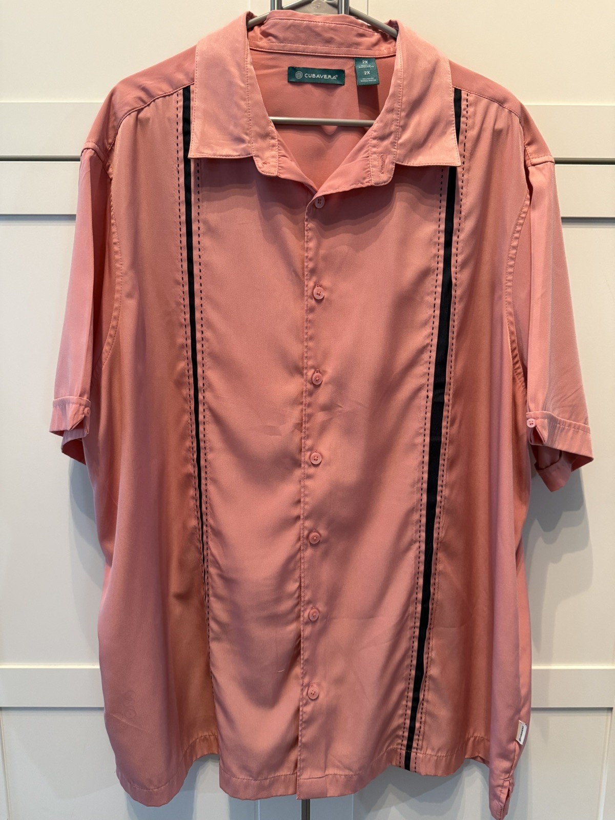 Cubavera Mens 2X Coral Salmon Guayabera Shirt Black Trim Resort Camp Button