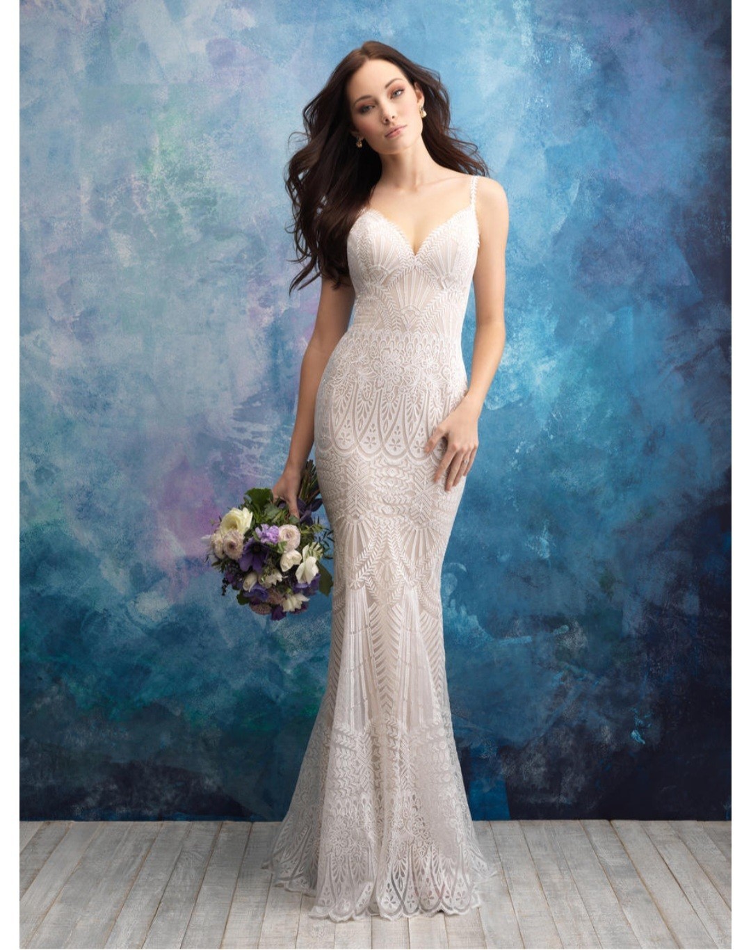 Allure Bridals Lace Mermaid Nude Ivory V Neck Straps Wedding Dress 10 AC9564