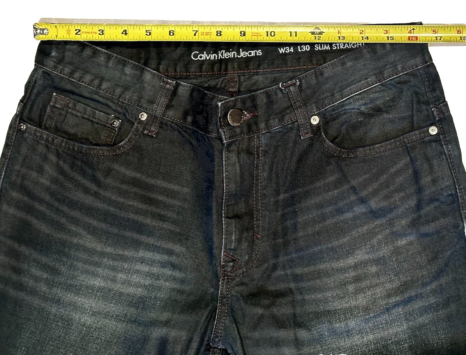 CALVIN KLEIN JEANS 34 X 30 SLIM STRAIGHT WAXED DARK RINSE ACTUAL 32 To 33 Waist